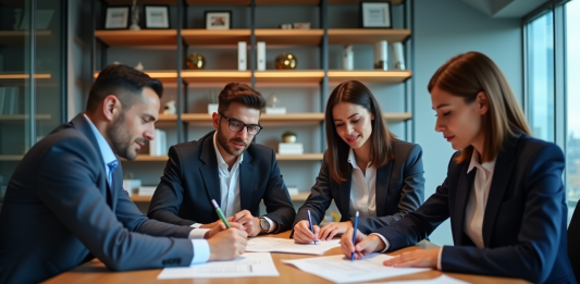 Quatre professionnels en réunion dans un bureau moderne