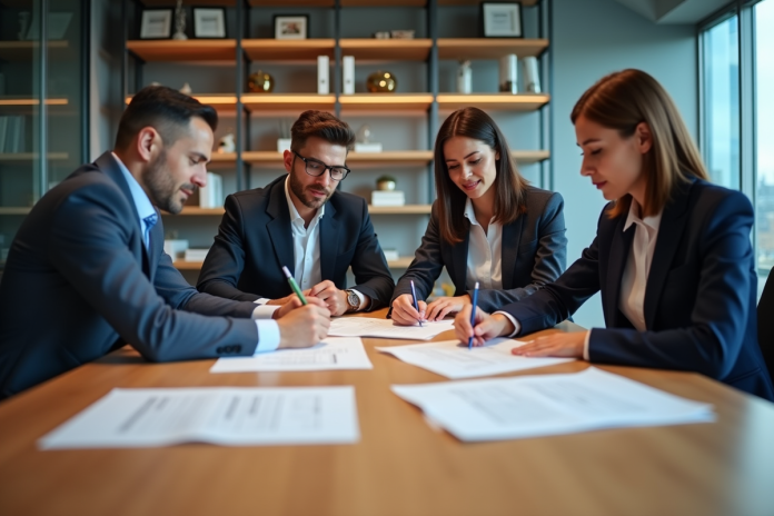 Quatre professionnels en réunion dans un bureau moderne