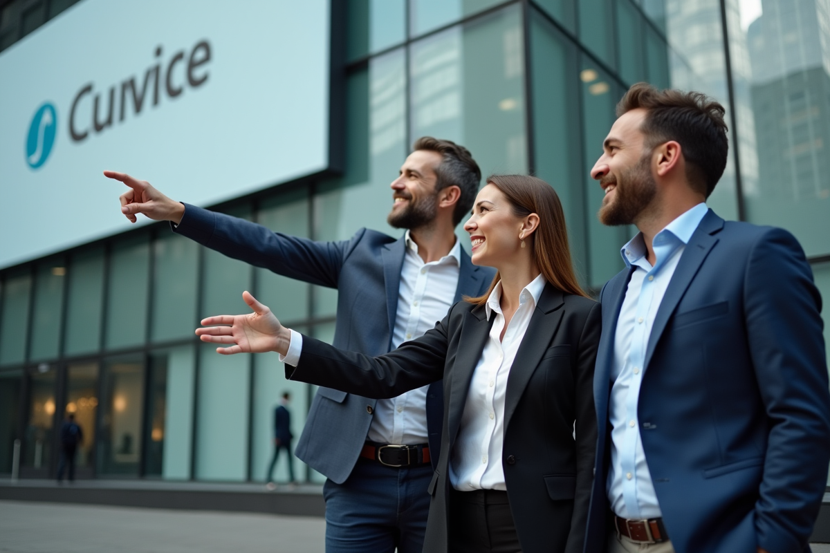 Groupe de professionnels devant un immeuble