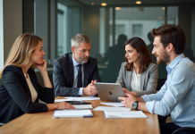 Groupe de quatre adultes en réunion de travail professionnelle