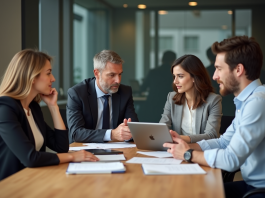Principes éthique : Découvrez les quatre fondamentaux à connaître ! Groupe de quatre adultes en réunion de travail professionnelle