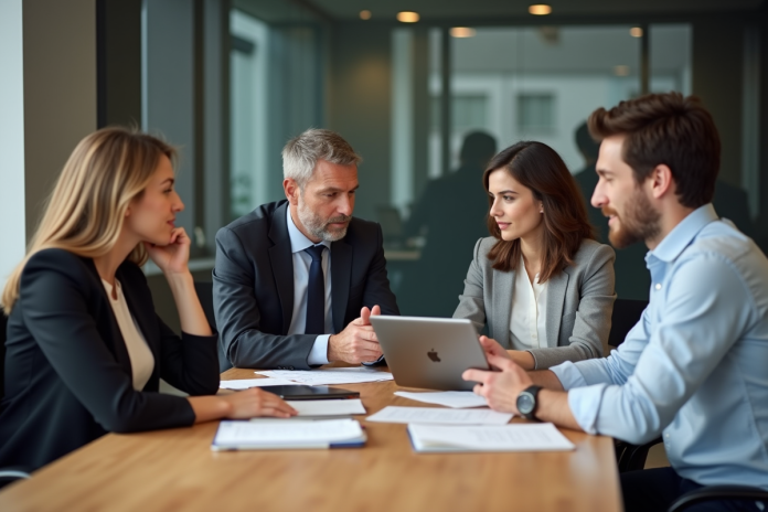 Groupe de quatre adultes en réunion de travail professionnelle