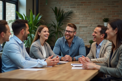 Groupe divers de collègues en discussion dans un bureau moderne