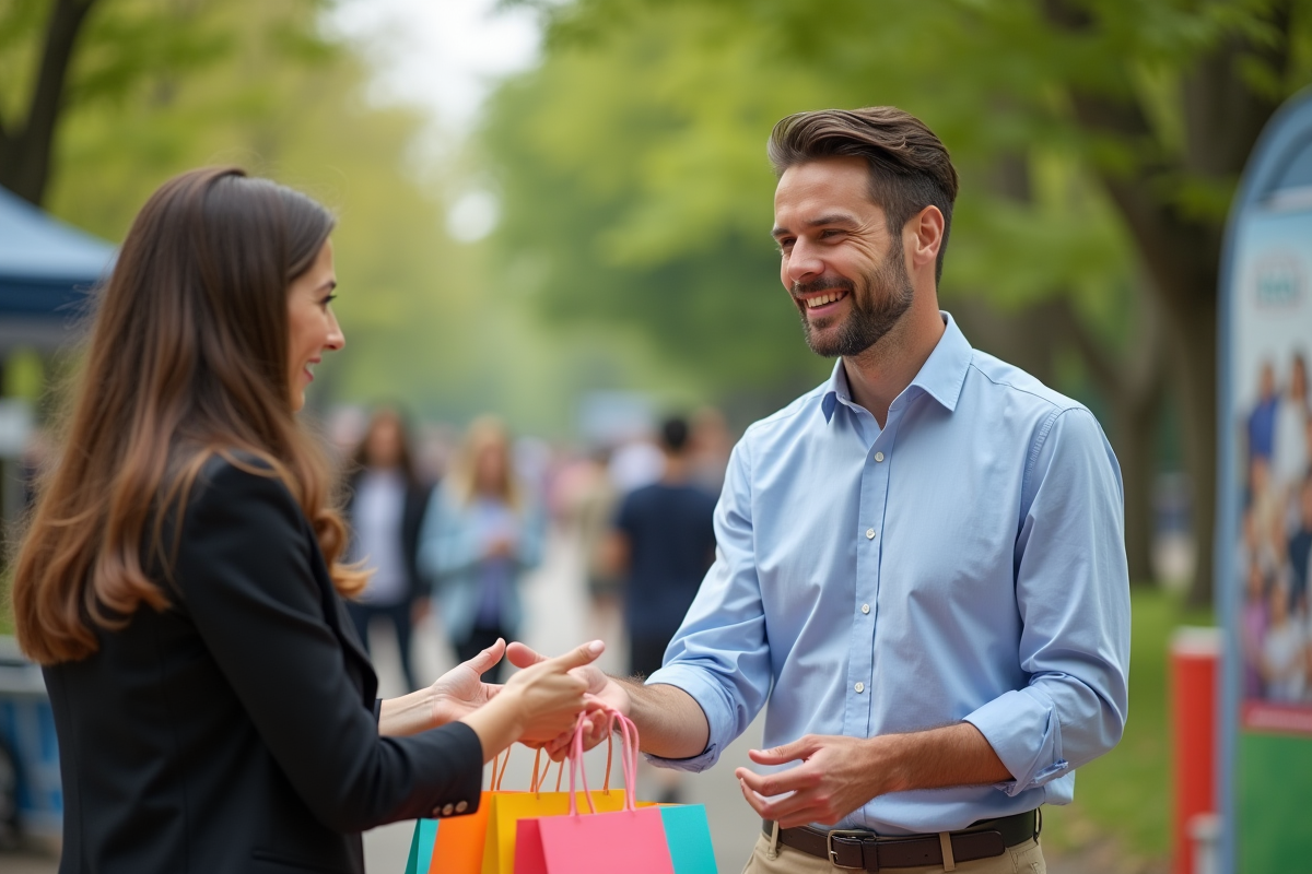 Homme donnant un goodybag à une femme lors d