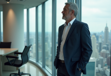 Homme d'affaires en costume regardant la ville