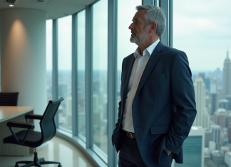 Homme d'affaires en costume regardant la ville