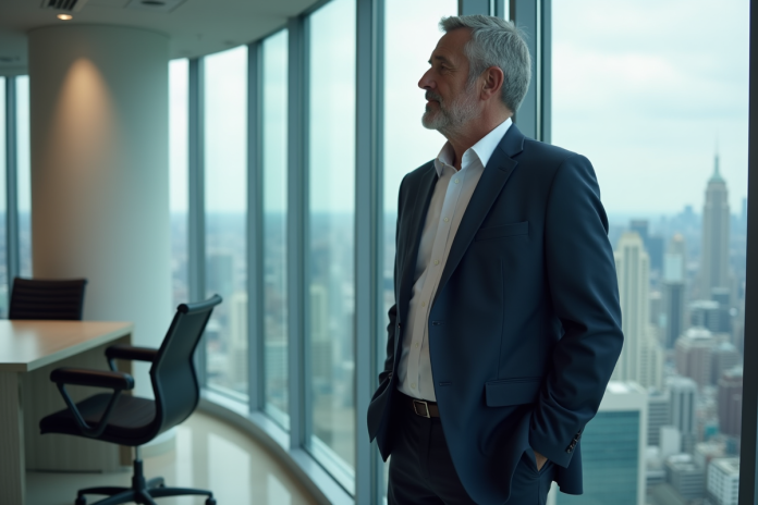 Homme d'affaires en costume regardant la ville