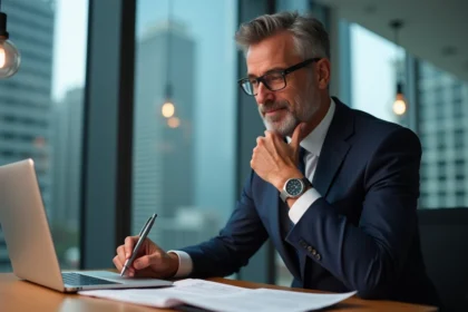 Homme d'affaires utilisant un ordinateur portable dans un bureau moderne