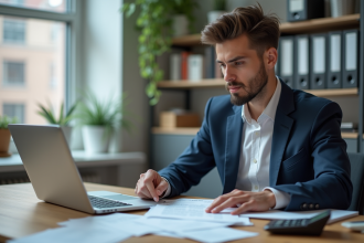 Jeune homme en costume vérifiant ses notes de repas