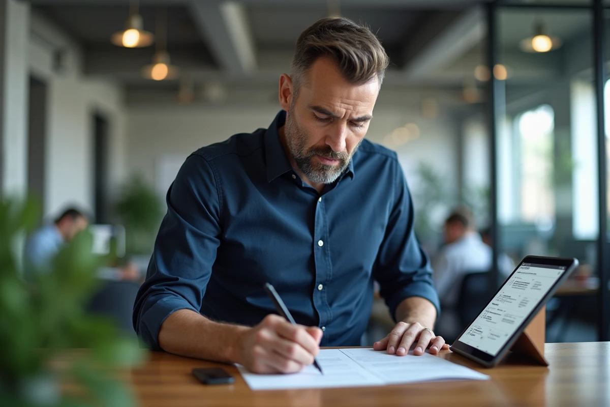Homme en open space annotant son planning sur papier et sur tablette avec une application d'agenda