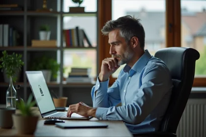 Homme en costume au bureau regardant son ordinateur portable