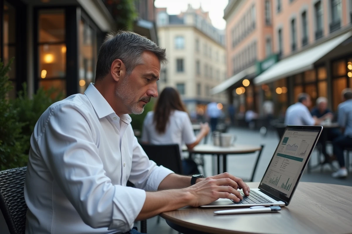 Homme au café consulte un tableau de bord de données