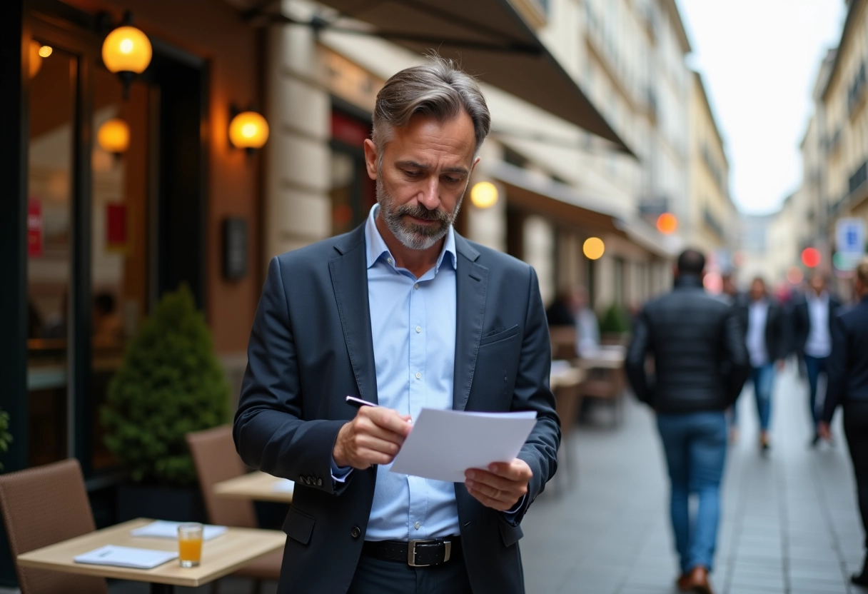 Homme français en extérieur examinant une liste de sociétés dans une rue urbaine