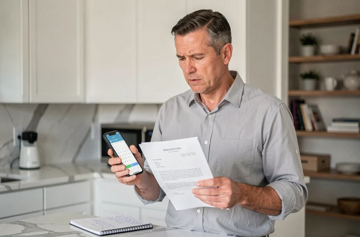 Homme consultant son calendrier pour calculer la durée de son préavis de démission à domicile