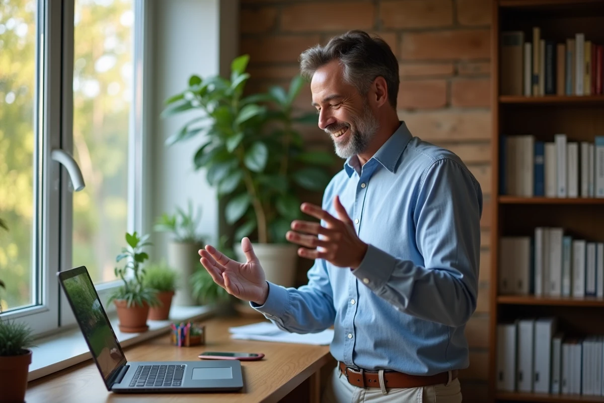 Homme d age moyen en vidéo appel dans un bureau cosy