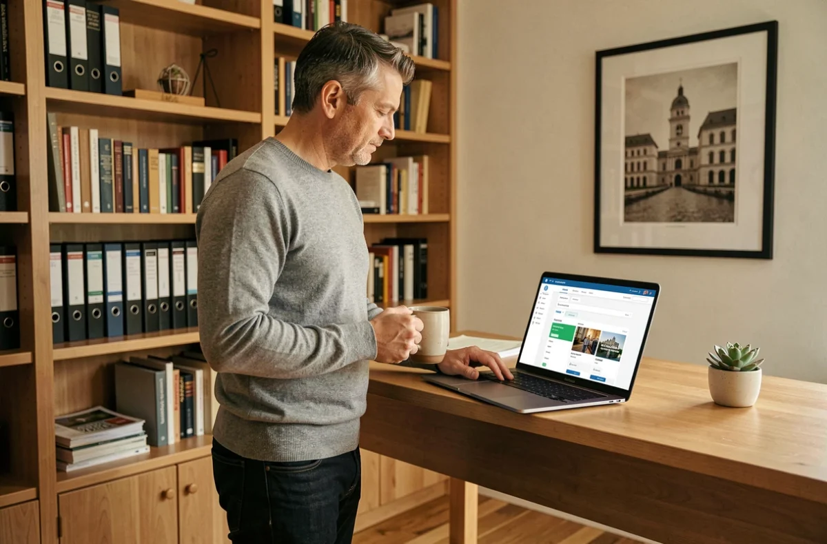 Homme configurant un portail métier sur ordinateur portable dans un bureau privé au décor chaleureux