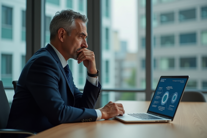 Homme d'âge moyen en costume bleu regardant un diagramme digital