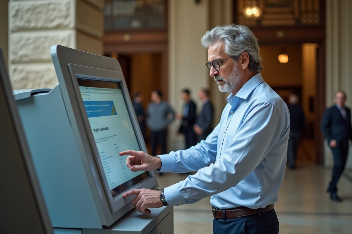 Homme dans un kiosque parisien pointant un message d
