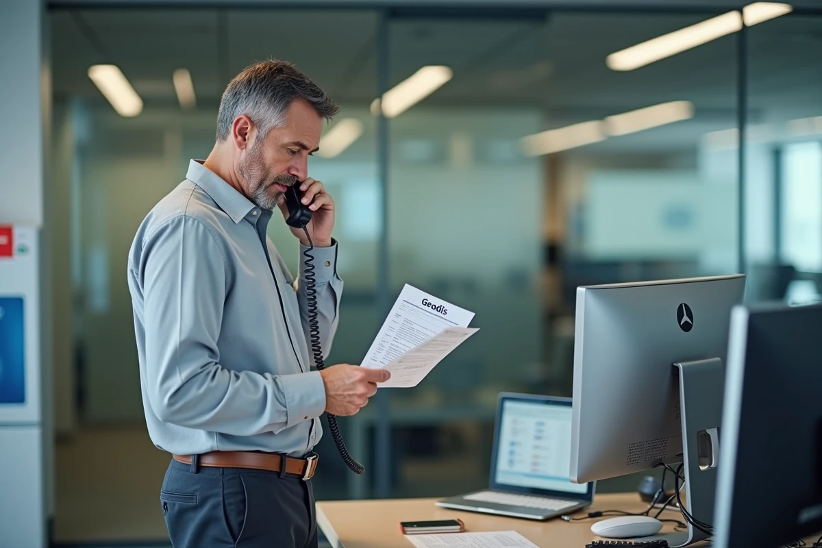 Homme parlant au téléphone dans un bureau moderne avec papier Geodis