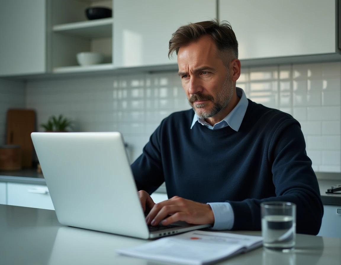 Homme consultant un formulaire d'abonnement magazine et recherchant le contact de l'éditeur sur son ordinateur