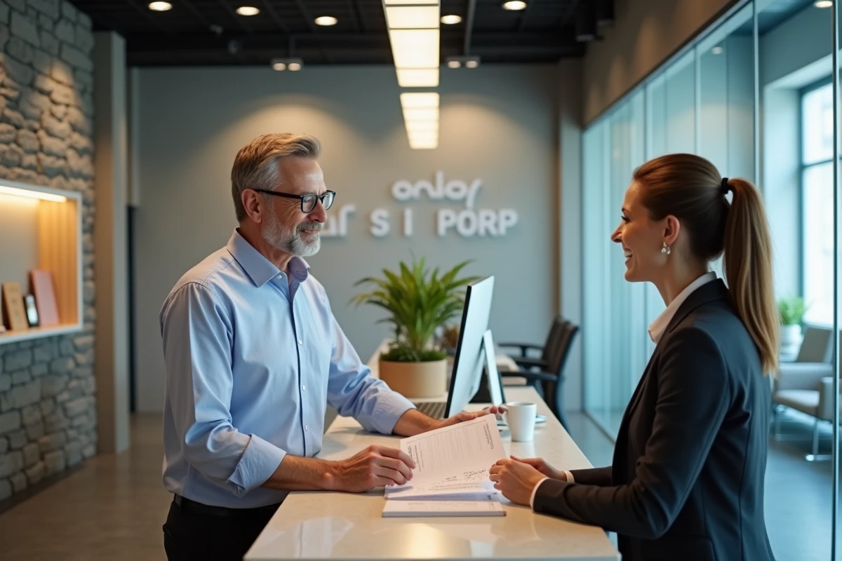 Homme remettant un document à une réception dans un bureau
