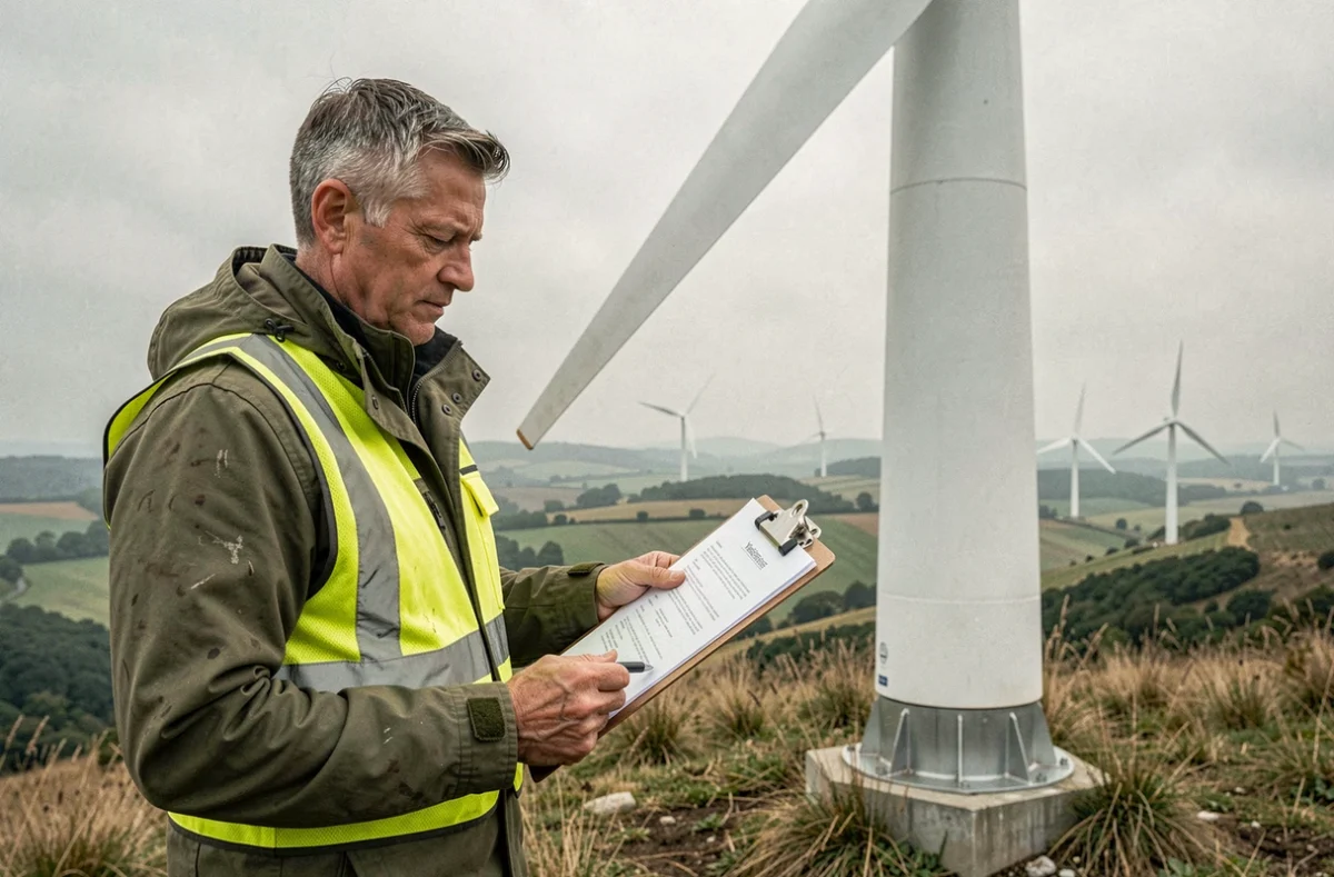 Homme en reconversion professionnelle inspectant une éolienne dans un paysage rural lors d'un bilan de terrain
