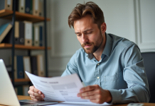 Facture à un particulier : obligatoire ou non ? Ce que dit la loi Homme d'âge moyen vérifiant une facture dans un bureau à domicile