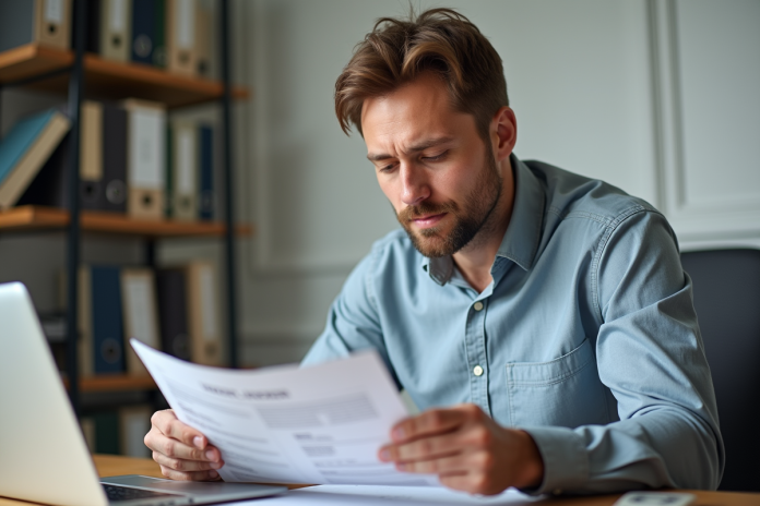 Homme d'âge moyen vérifiant une facture dans un bureau à domicile