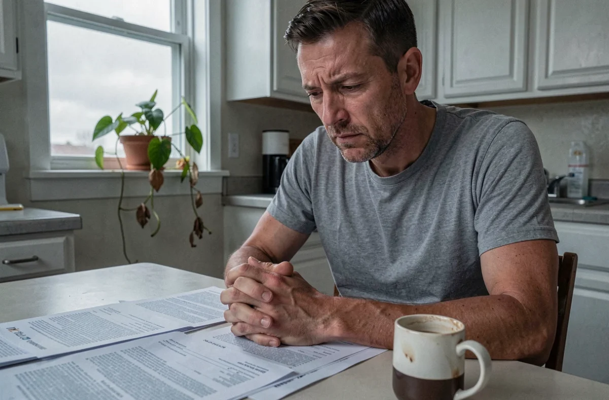 Homme seul face à des documents juridiques lors d'une séparation conjugale, illustrant les conséquences financières et administratives d'un divorce