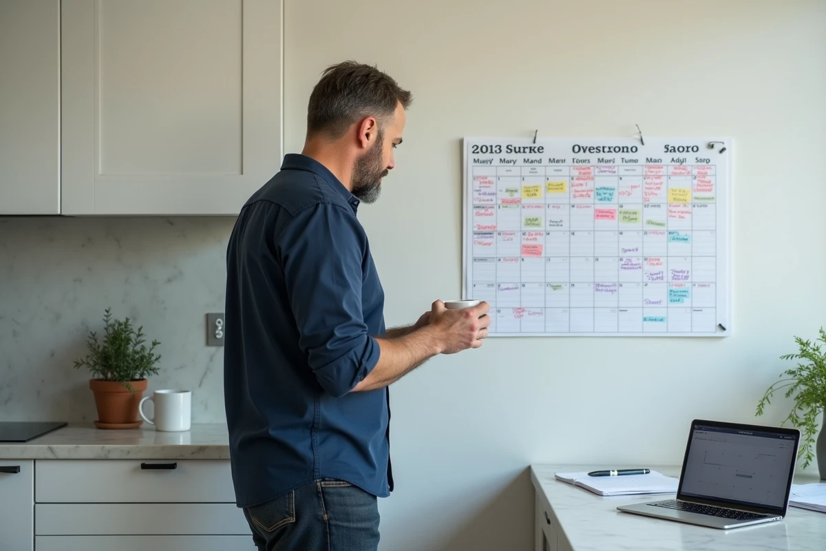 Homme en télétravail consultant un calendrier mural pour comptabiliser ses heures de travail à distance depuis sa cuisine