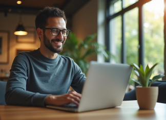 Retour sur le parcours de Cédric Guérin, le héraut de la stratégie SEO à Chiang Mai Homme confiant travaillant sur un ordinateur dans un espace coworking à Chiang Mai