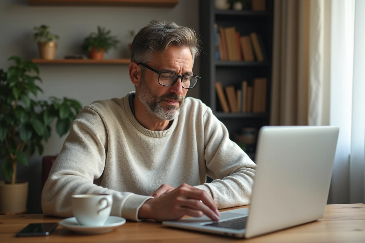 Homme détendu travaillant à domicile avec son ordinateur portable