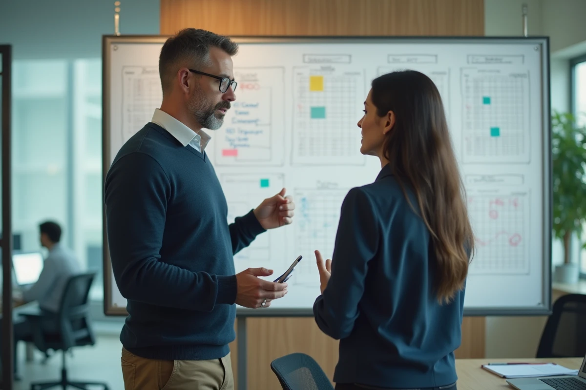 Homme en réunion discutant devant un tableau blanc