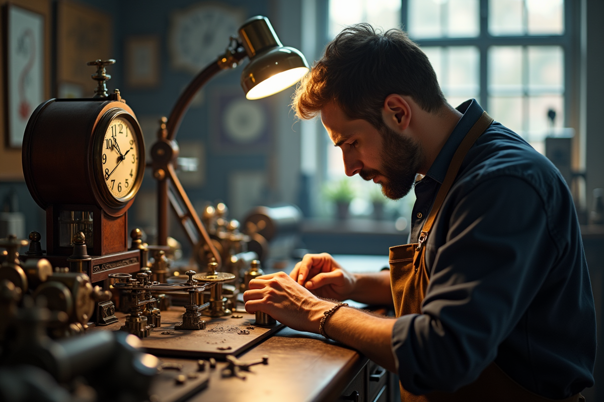 Horloger professionnel travaillant sur une vieille horloge dans un atelier lumineux