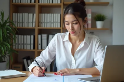 Femme entrepreneur examinant des documents d'immatriculation d'entreprise à son bureau à domicile