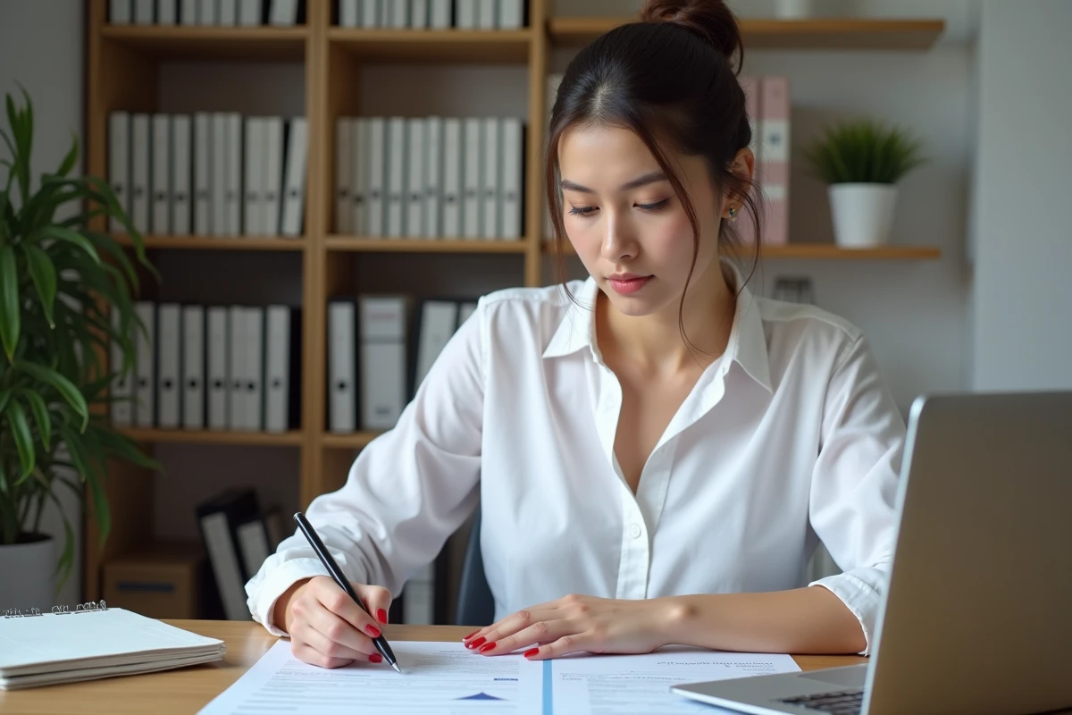 Femme entrepreneur examinant des documents d'immatriculation d'entreprise à son bureau à domicile