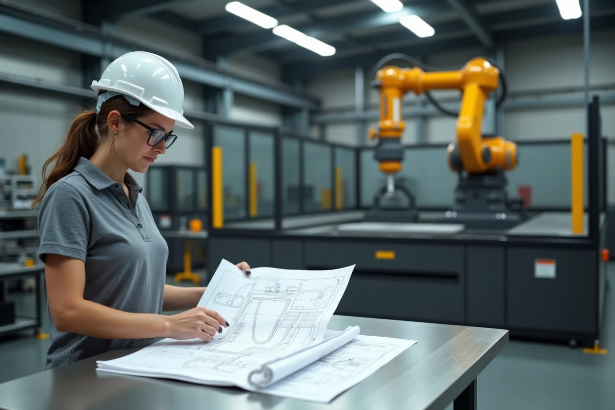 Ingénieure examinant des plans techniques devant une cellule de pliage automatisée dans une usine de pliage métallique moderne