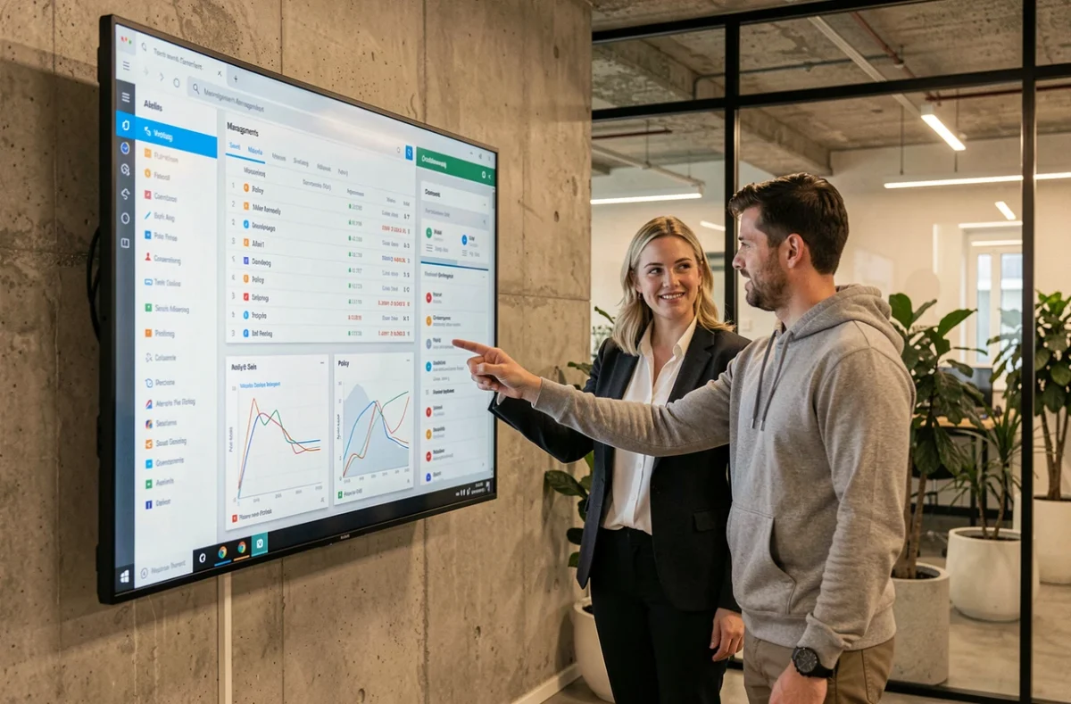 Deux ingénieurs en sécurité réseau comparant les interfaces de deux plateformes de visibilité cybersécurité devant un écran interactif