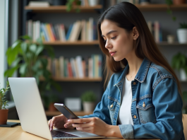 Influenceur : comment capter son attention efficacement en ligne ? Jeune femme au bureau utilisant son ordinateur et smartphone