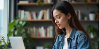 Jeune femme au bureau utilisant son ordinateur et smartphone
