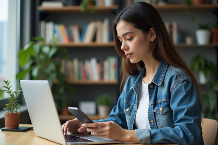 jeune-femme-bureau-digital Jeune femme au bureau utilisant son ordinateur et smartphone