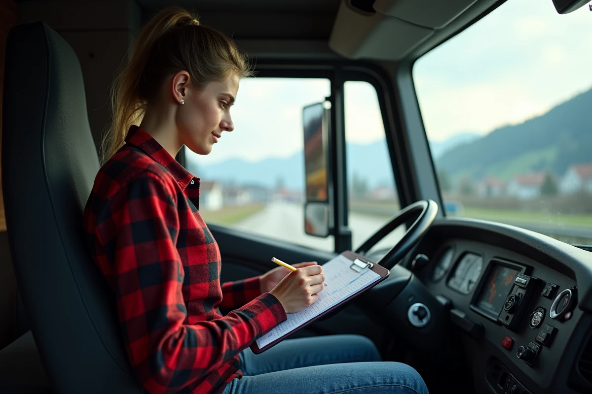 Jeune conductrice de camion à l’intérieur de la cabine