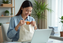 Jeune femme souriante préparant un goodybag dans un bureau lumineux