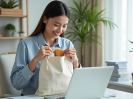 Goodybag : définition et fonctionnement explicatifs en ligne Jeune femme souriante préparant un goodybag dans un bureau lumineux