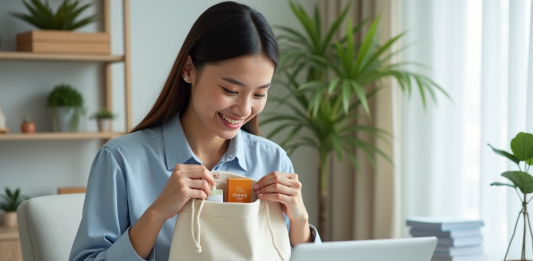 Goodybag : définition et fonctionnement explicatifs en ligne Jeune femme souriante préparant un goodybag dans un bureau lumineux