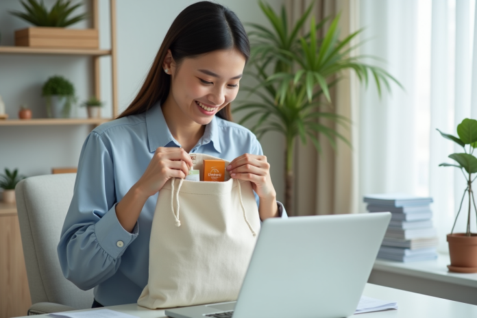 jeune-femme-emballant-goodybag Jeune femme souriante préparant un goodybag dans un bureau lumineux
