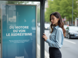 Affiche publicitaire : nom en français et rôle, erreurs à éviter Jeune femme lisant un panneau publicitaire urbain en extérieur
