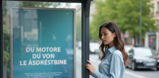 Jeune femme lisant un panneau publicitaire urbain en extérieur