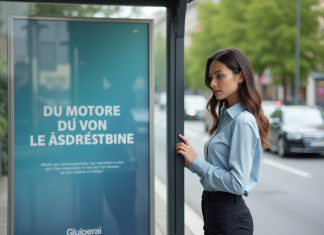 Jeune femme lisant un panneau publicitaire urbain en extérieur