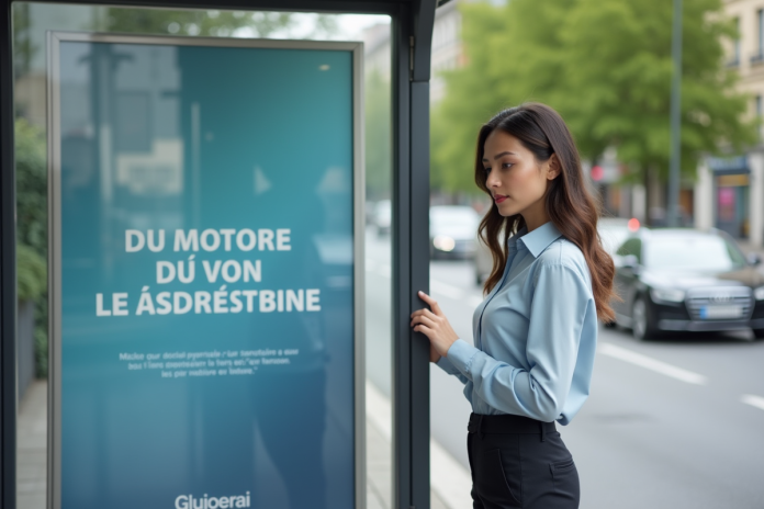 jeune-femme-panneau-publicitaire Jeune femme lisant un panneau publicitaire urbain en extérieur